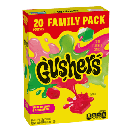 Family Pack 20 count Gushers in Watermelon & Sour Apple flavors, front of pack
