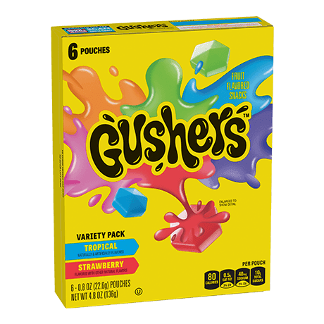 Variety pack 6 count Gushers in Tropical & Strawberry flavors, front of pack