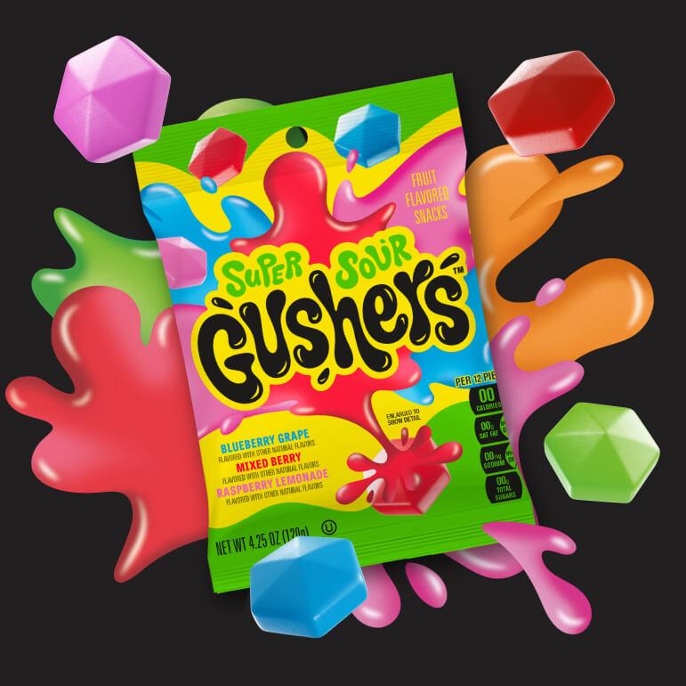 Super Sour Gushers, front of pack, on a black background with colorful gushers and splats behind it