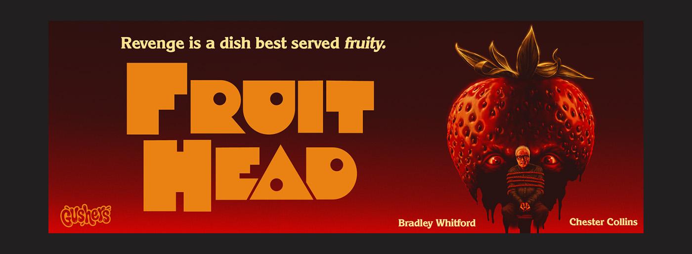 Gushers FruitHeads horror movie poster with strawberry head man and kidnapped victim
